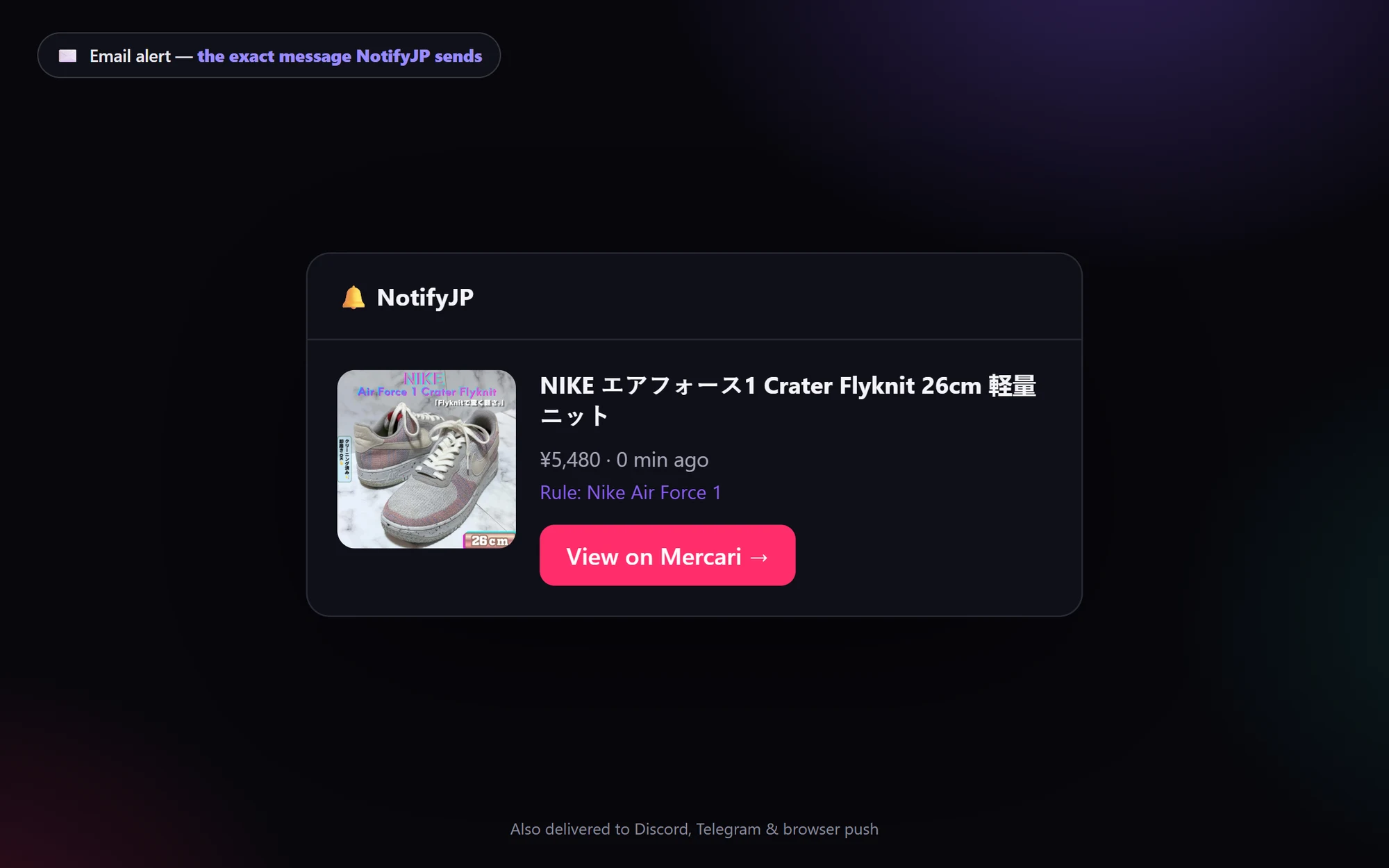 A real NotifyJP email alert: a Nike Air Force 1 listing matched the watch, with photo, price and a buy link