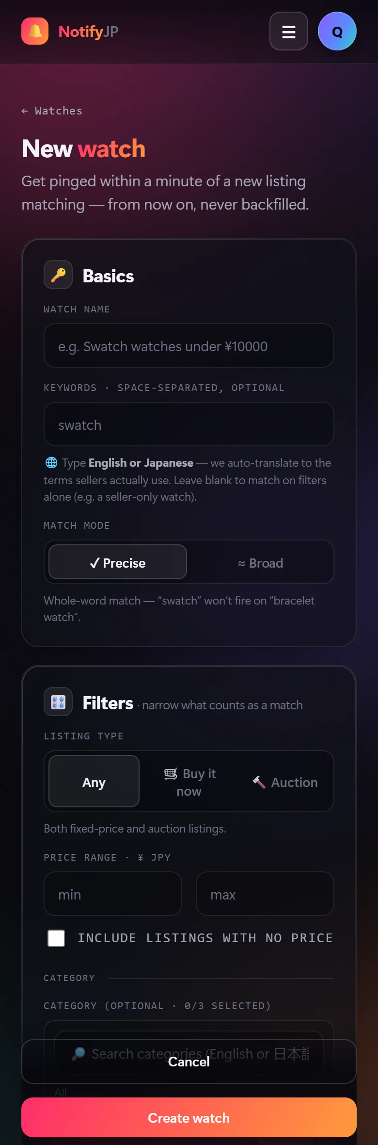 English keywords, auto-translated — filter exactly what counts.